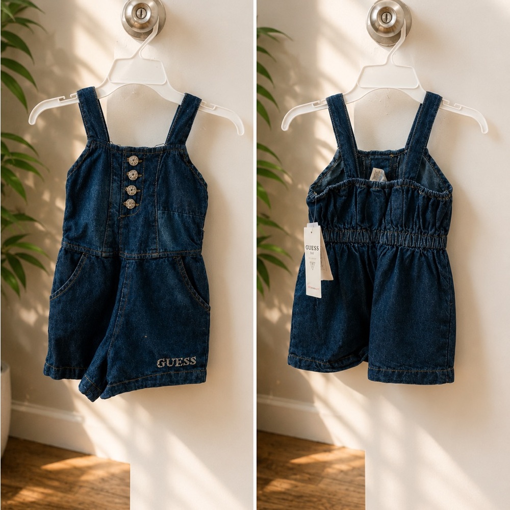 GUESS Dark Blue Denim Overalls Romper for Kids